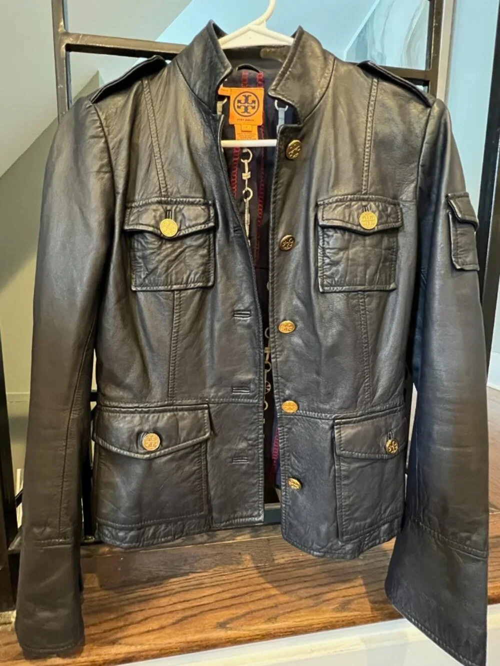 Tory Burch Black Leather Military Style Jacket Sz XS